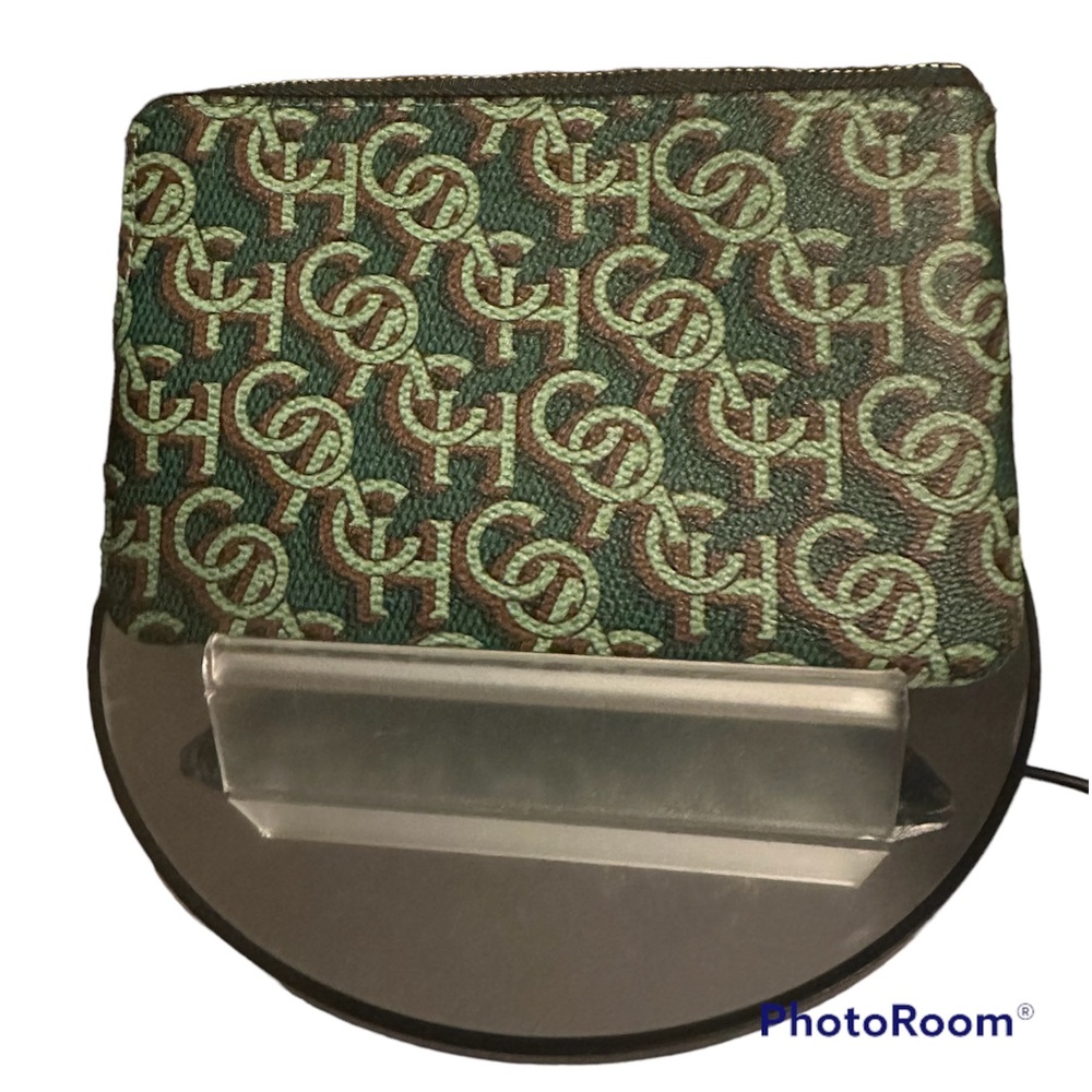 Coach-Corner Zip Wristlet Pouch-Green with Coach Monogram Print